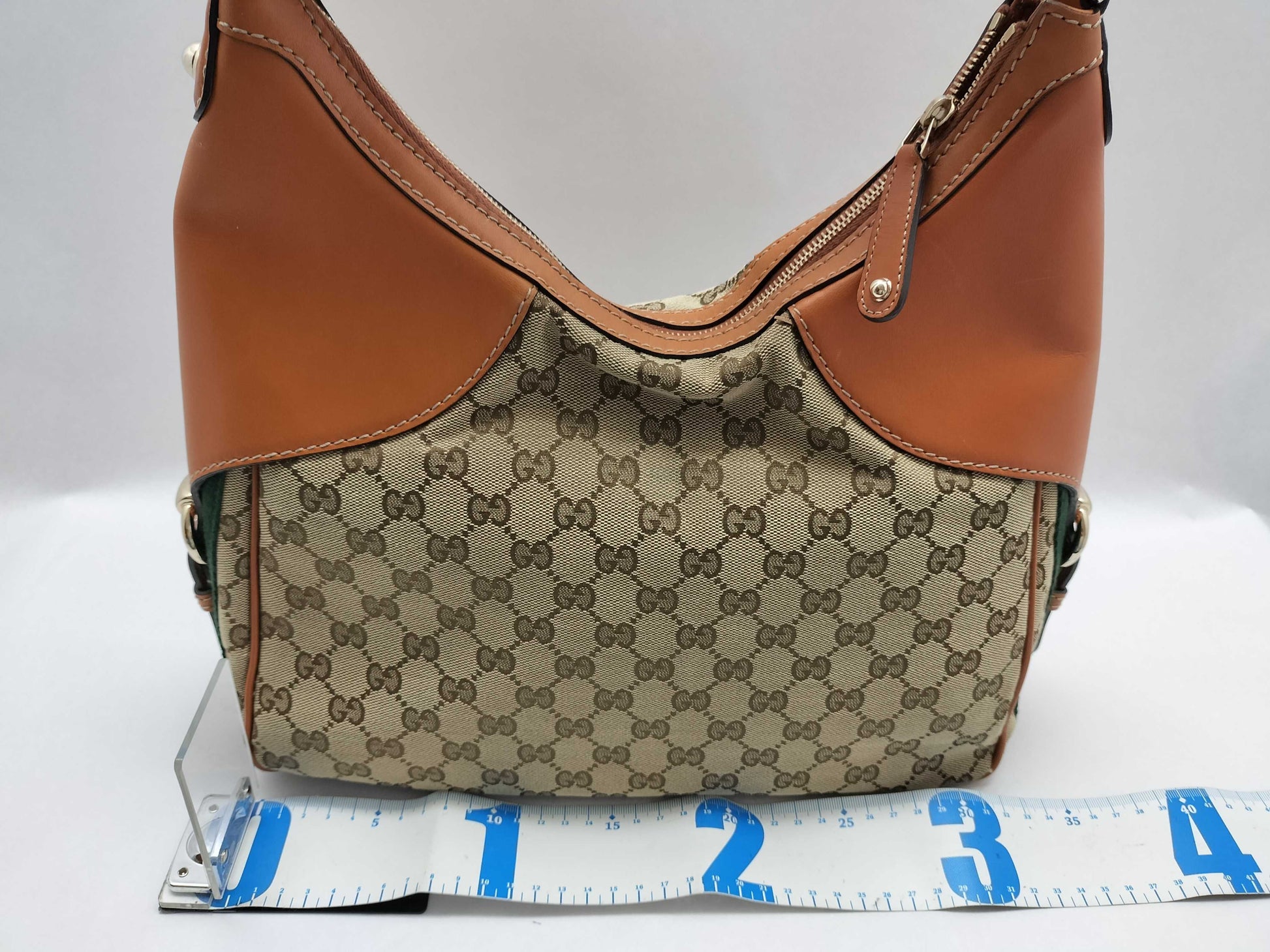 GUCCI Web Heritage Horsebit Hobo Shoulder Bag in Beige/Tan Monogram Canvas with Gold Hardware
