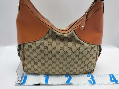 GUCCI Web Heritage Horsebit Hobo Shoulder Bag in Beige/Tan Monogram Canvas with Gold Hardware