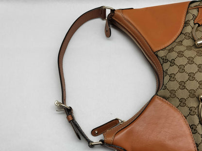GUCCI Web Heritage Horsebit Hobo Shoulder Bag in Beige/Tan Monogram Canvas with Gold Hardware