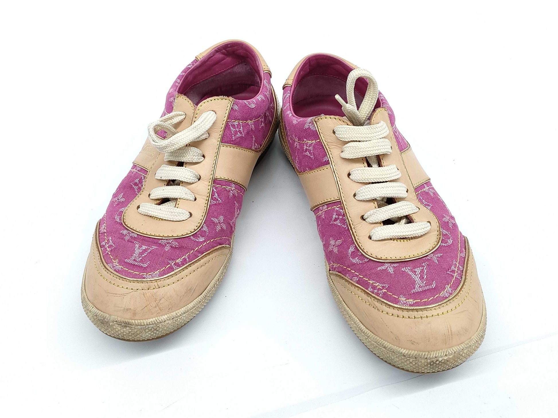 LOUIS VUITTON LV Monogram Denim Leather Sneakers Pink Size 36