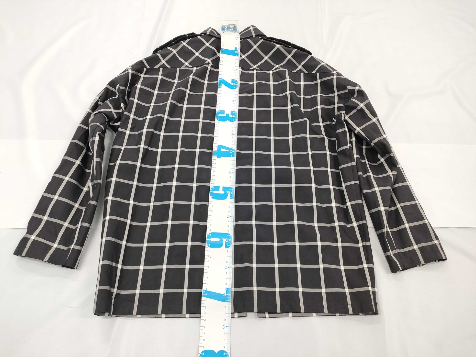 HERMES Zip-Up Check Shirt with Turn-Lock Zipper, Black Cotton, Size 34