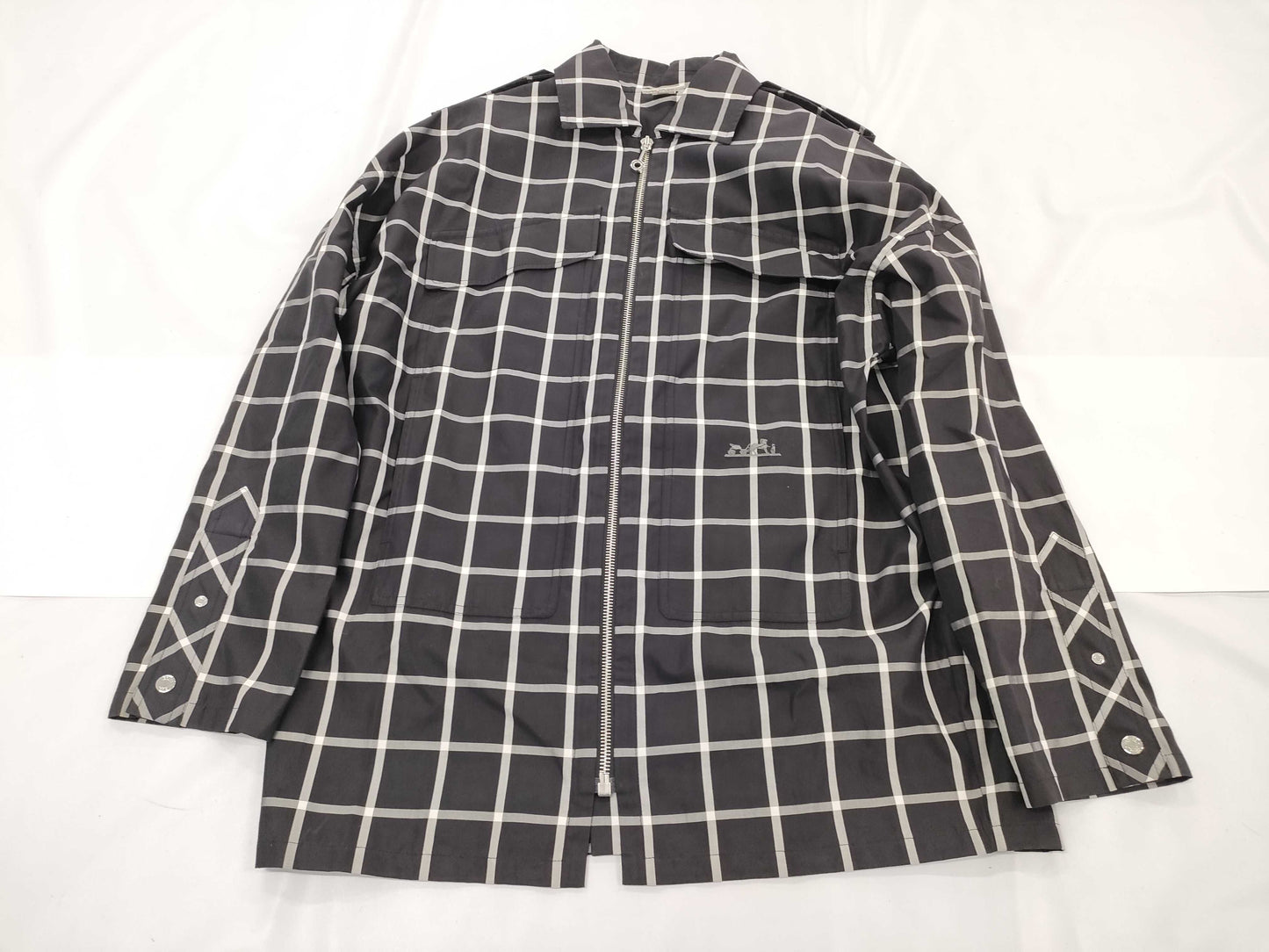 HERMES Zip-Up Check Shirt with Turn-Lock Zipper, Black Cotton, Size 34