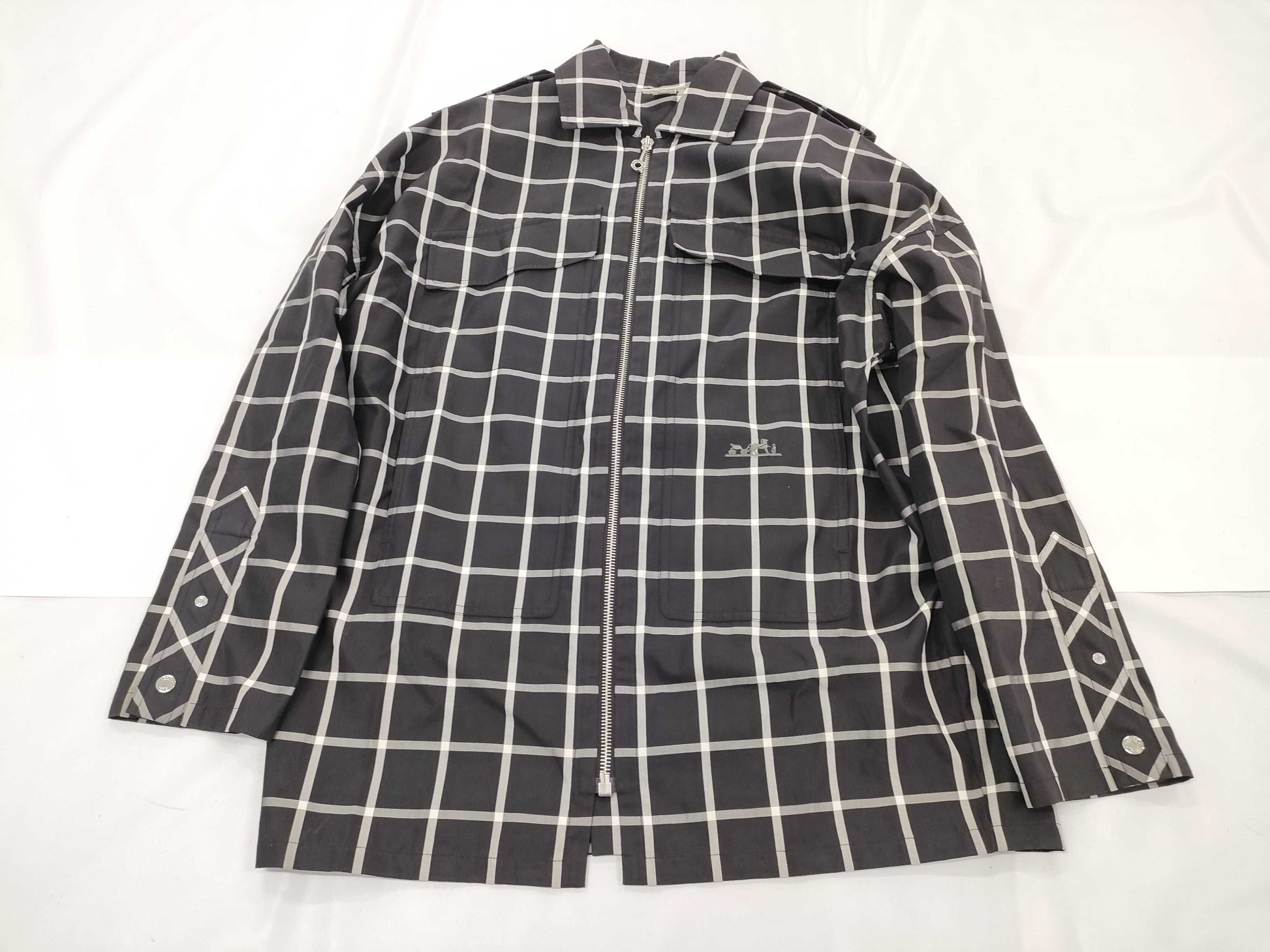 HERMES Zip-Up Check Shirt with Turn-Lock Zipper, Black Cotton, Size 34