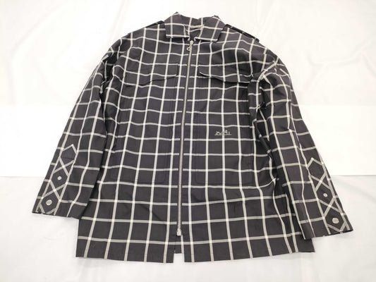HERMES Zip-Up Check Shirt with Turn-Lock Zipper, Black Cotton, Size 34