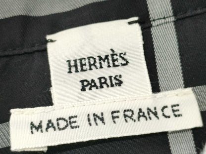 HERMES Zip-Up Check Shirt with Turn-Lock Zipper, Black Cotton, Size 34