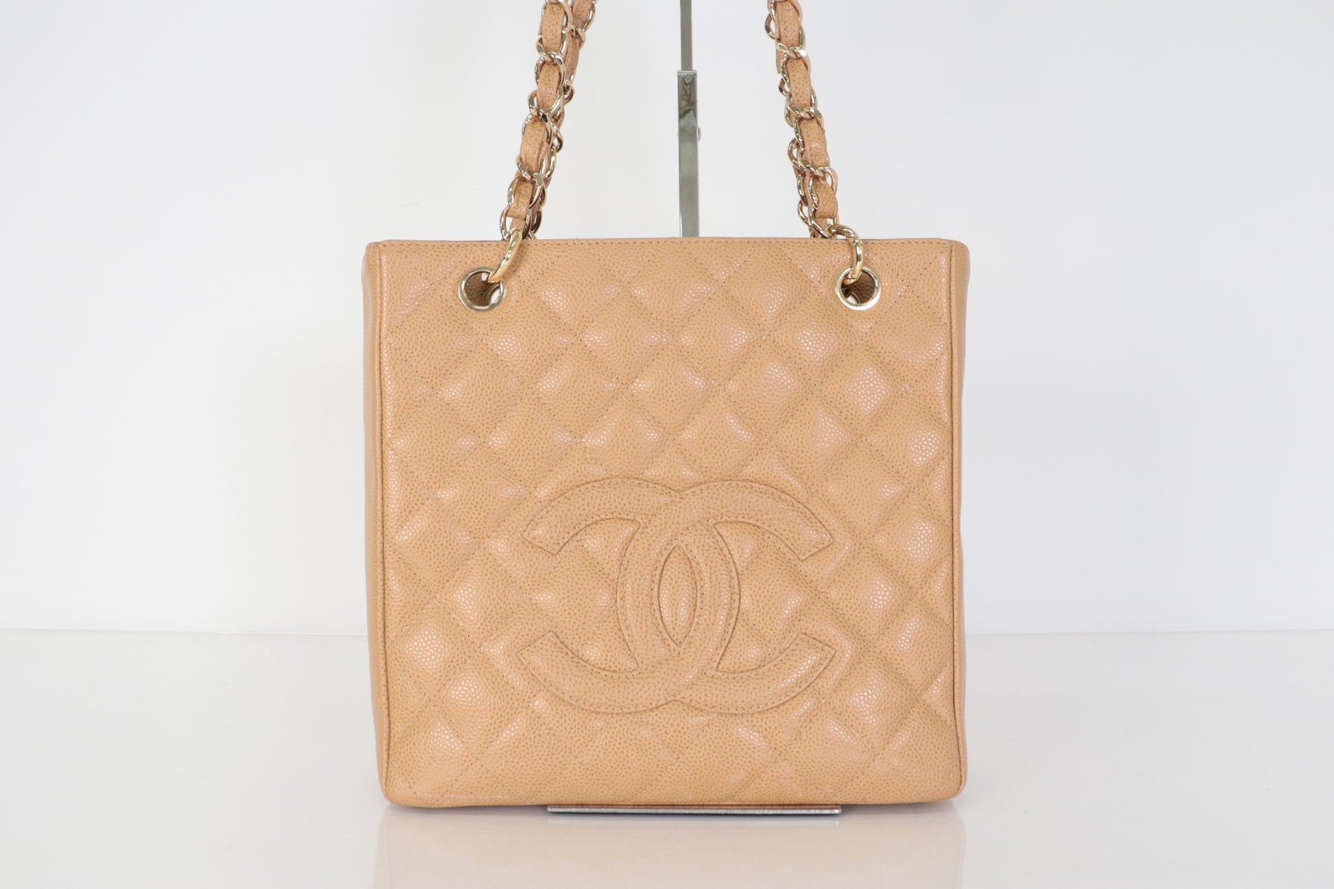 CHANEL Caviar Skin Deca Coco Caviar Chain Tote, Beige, No. 8 Tote Bag