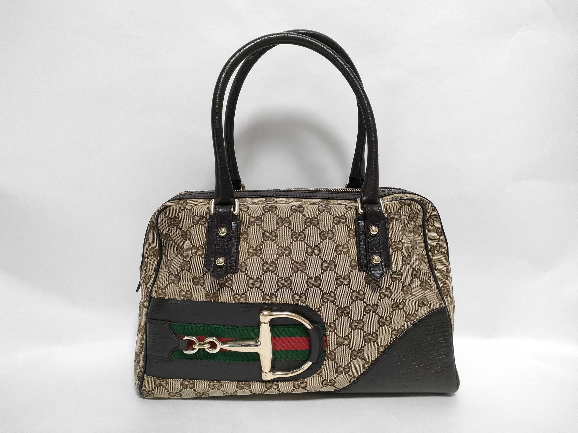GUCCI GG Canvas 141503 Horsebit Boston Bag Canvas/Leather Beige/Brown Boston Bag
