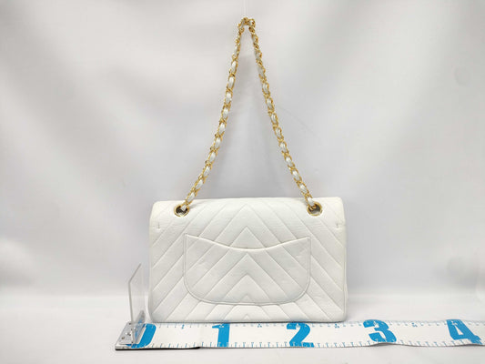 CHANEL V-stitch W-flap Shoulder Bag, No. 2, White, Card and Seal Included, Excellent Condition