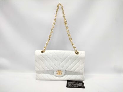 CHANEL V-stitch W-flap Shoulder Bag, No. 2, White, Card and Seal Included, Excellent Condition