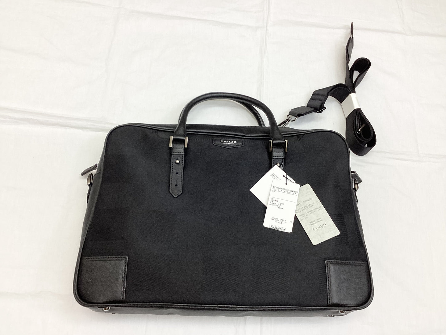 Sanyo Shokai Christbridge Black Label Checkered Nylon and Cowhide Leather Business Bag, Black, New with Tags