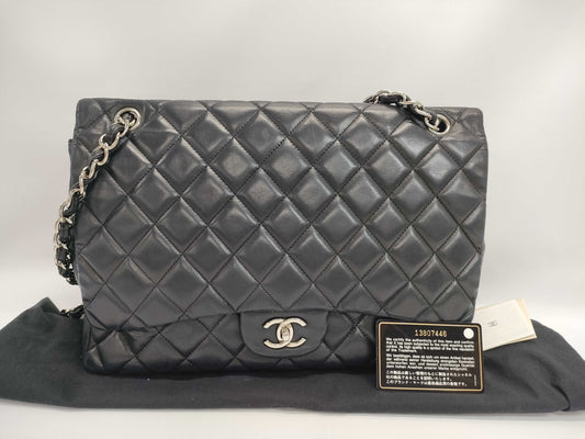 CHANEL Maxi Jumbo Matelasse 33 S Flap Shoulder Bag in Black Lambskin with Silver Hardware and Chain, Model A47600, 33 Series