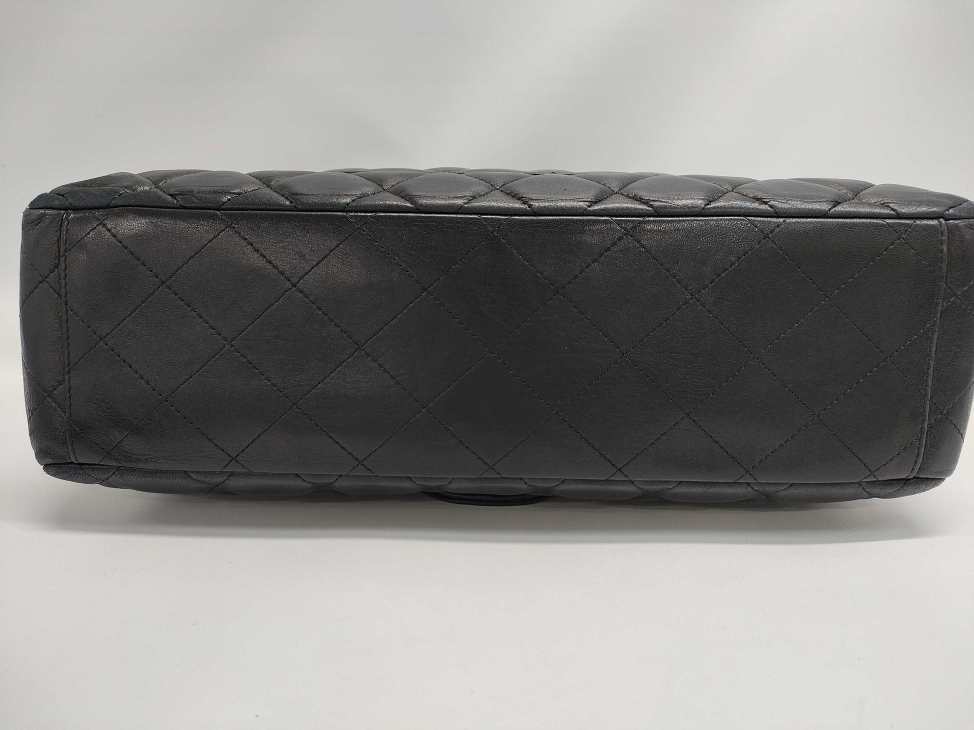 CHANEL Maxi Jumbo Matelasse 33 S Flap Shoulder Bag in Black Lambskin with Silver Hardware and Chain, Model A47600, 33 Series