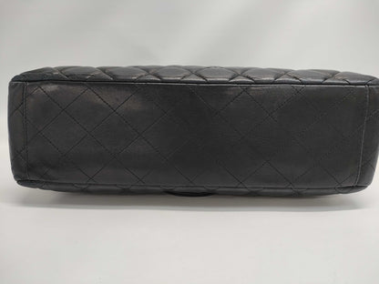 CHANEL Maxi Jumbo Matelasse 33 S Flap Shoulder Bag in Black Lambskin with Silver Hardware and Chain, Model A47600, 33 Series