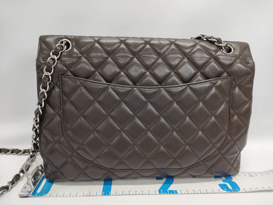 CHANEL Matelasse A47600 Brown Caviar Leather Shoulder Bag with Silver Hardware and Chain, Size 14, S-Flap