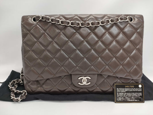 CHANEL Matelasse A47600 Brown Caviar Leather Shoulder Bag with Silver Hardware and Chain, Size 14, S-Flap