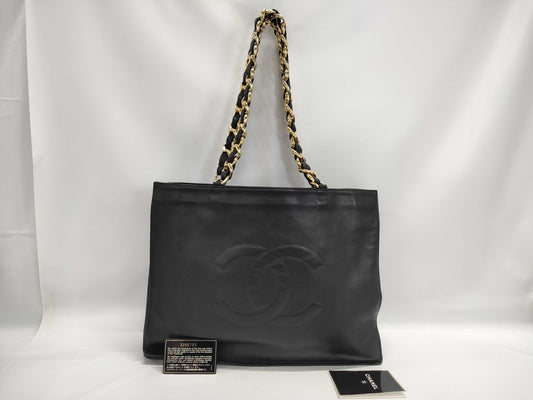 CHANEL Lambskin Chain Tote Bag with Large Coco Mark and GD Hardware, Black