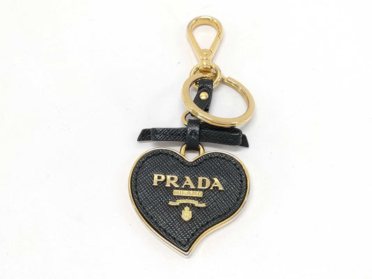 PRADA 1TL126 Saffiano Toys Key Ring Keychain Heart Charm Ribbon Black Key Case Keychain