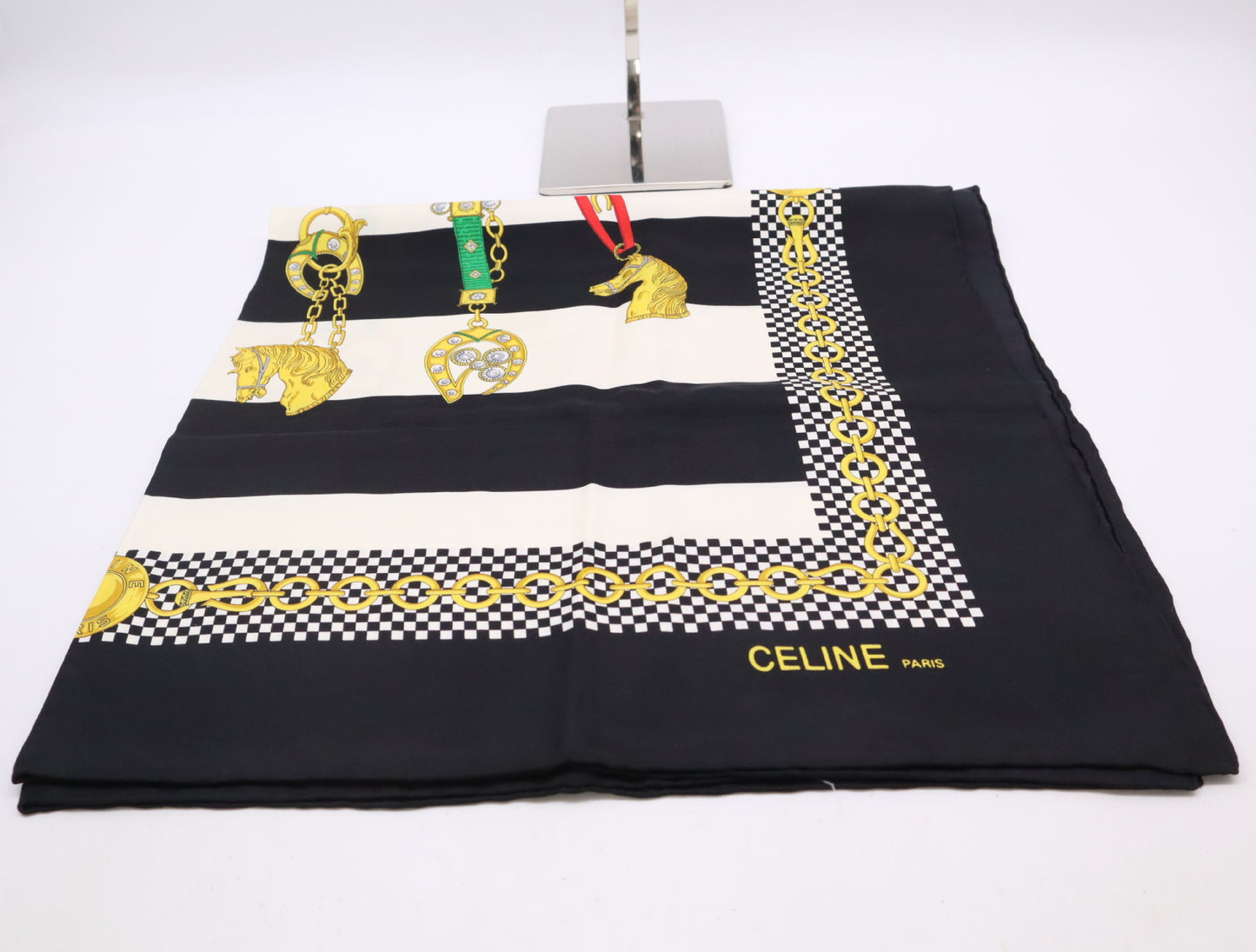 CELINE Chain Charm Silk Scarf Black Border Scarf
