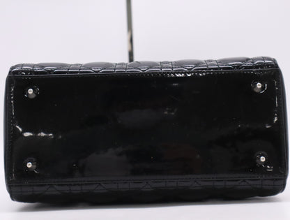 Dior Lady Dior Enamel Lady Dior Medium Cannage Handbag in Black with Silver Hardware, Two Straps, Dust Bag, and Card Included