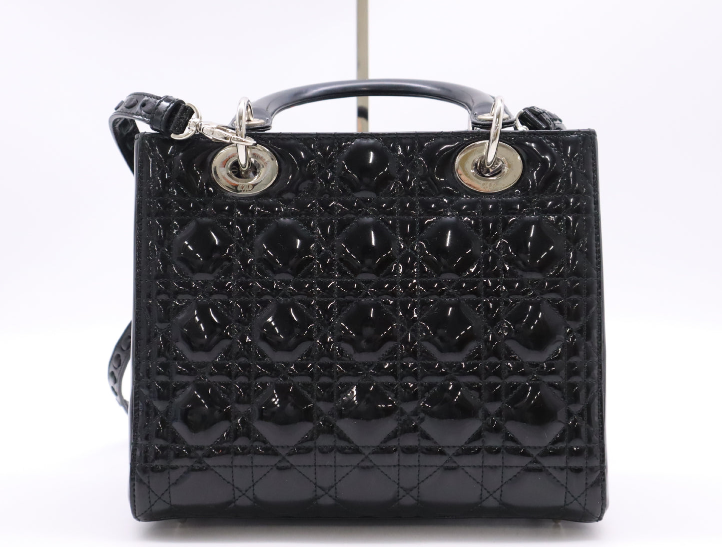 Dior Lady Dior Enamel Lady Dior Medium Cannage Handbag in Black with Silver Hardware, Two Straps, Dust Bag, and Card Included