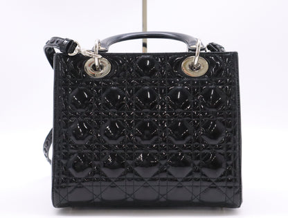 Dior Lady Dior Enamel Lady Dior Medium Cannage Handbag in Black with Silver Hardware, Two Straps, Dust Bag, and Card Included