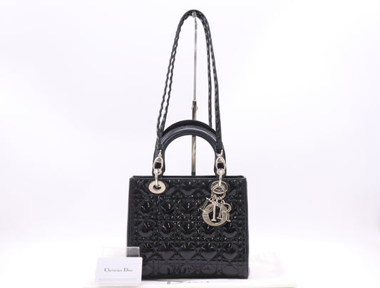 Dior Lady Dior Enamel Lady Dior Medium Cannage Handbag in Black with Silver Hardware, Two Straps, Dust Bag, and Card Included