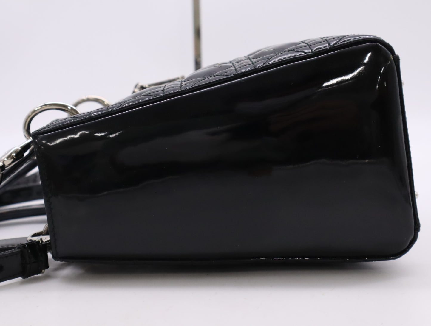 Dior Lady Dior Enamel Lady Dior Medium Cannage Handbag in Black with Silver Hardware, Two Straps, Dust Bag, and Card Included