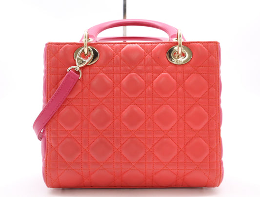 Dior Lady Dior Leather Lady Dior Medium Cannage Handbag with GD Hardware, Red and Pink, Shoulder Strap