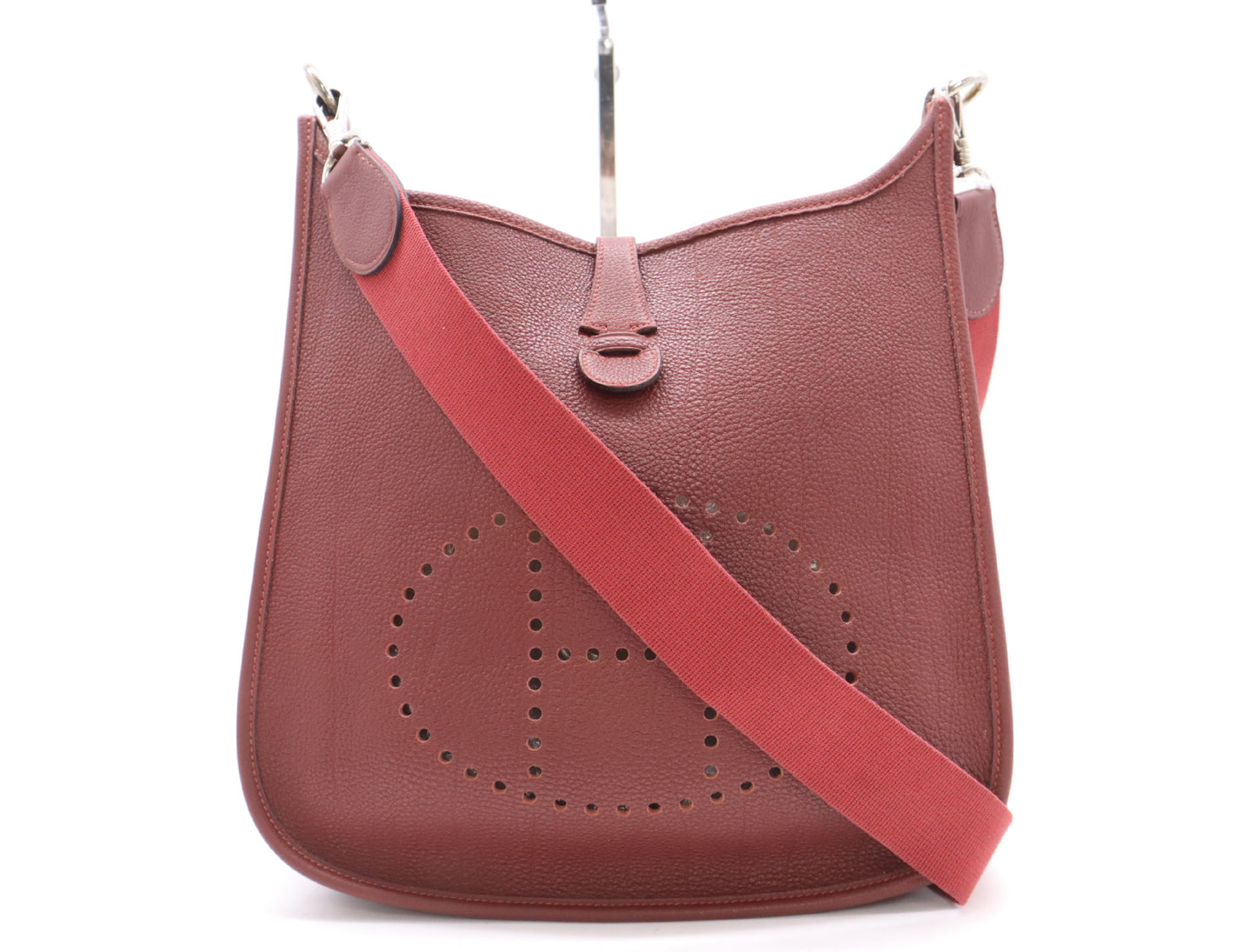 HERMES Evelyn Taurillon Clemence Leather Bag with F Stamp, Evelyn GM Rouge, Shoulder Strap Included