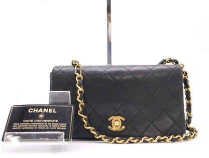 CHANEL Matelasse Mini Matelasse Lambskin Shoulder Bag with Full Flap, S-Chain, GD Hardware, Black, Seal, Card, 1377027
