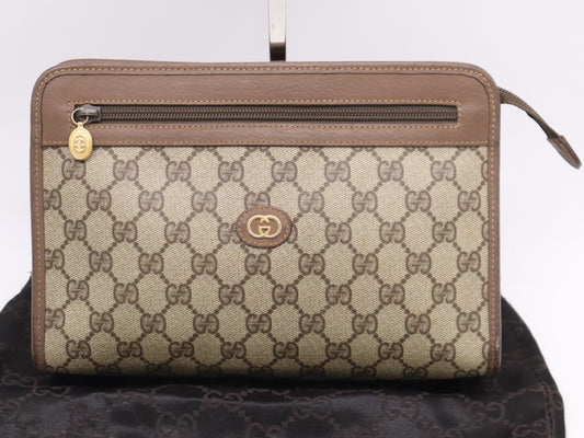 GUCCI GG Supreme 014・122・6063 GG Supreme x Leather Second Bag Brown with Dust Bag