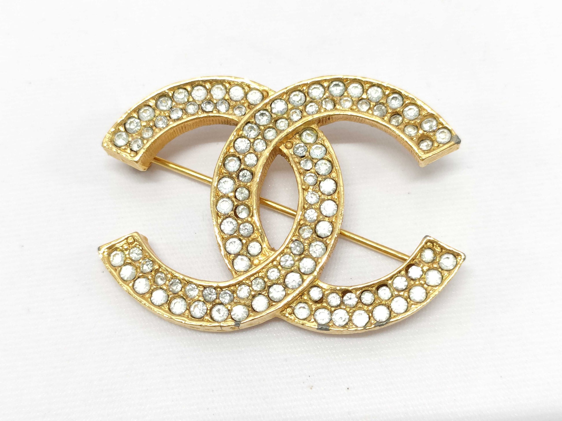 CHANEL GP Coco Mark Rhinestone Brooch Gold Brooch