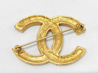 CHANEL GP Coco Mark Rhinestone Brooch Gold Brooch