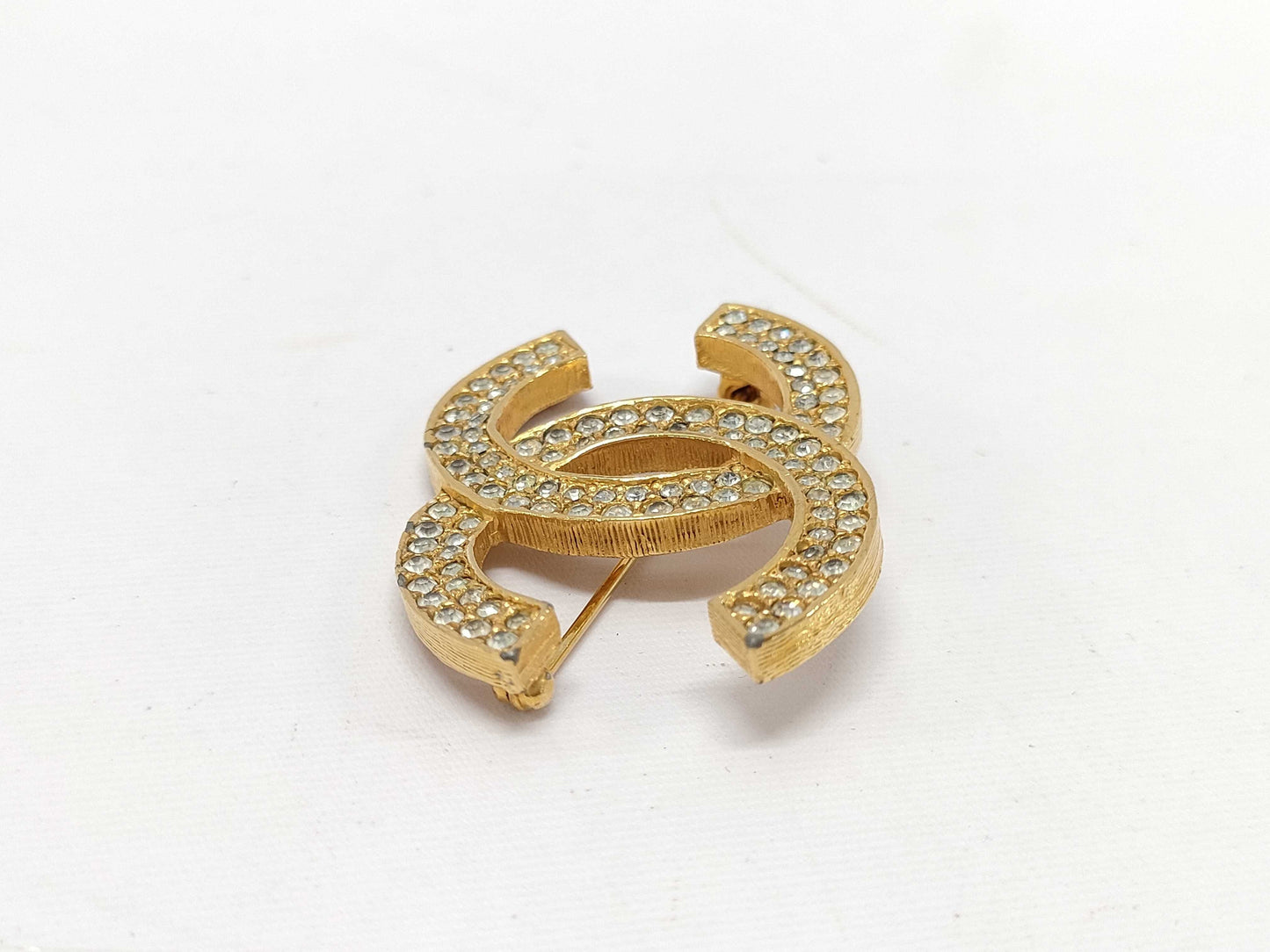 CHANEL GP Coco Mark Rhinestone Brooch Gold Brooch