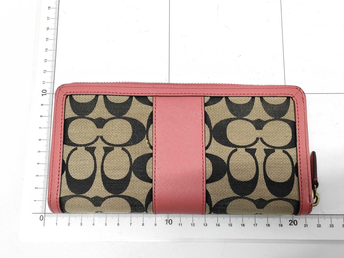 COACH Signature Zip-Around Canvas Leather Wallet in Beige and Pink