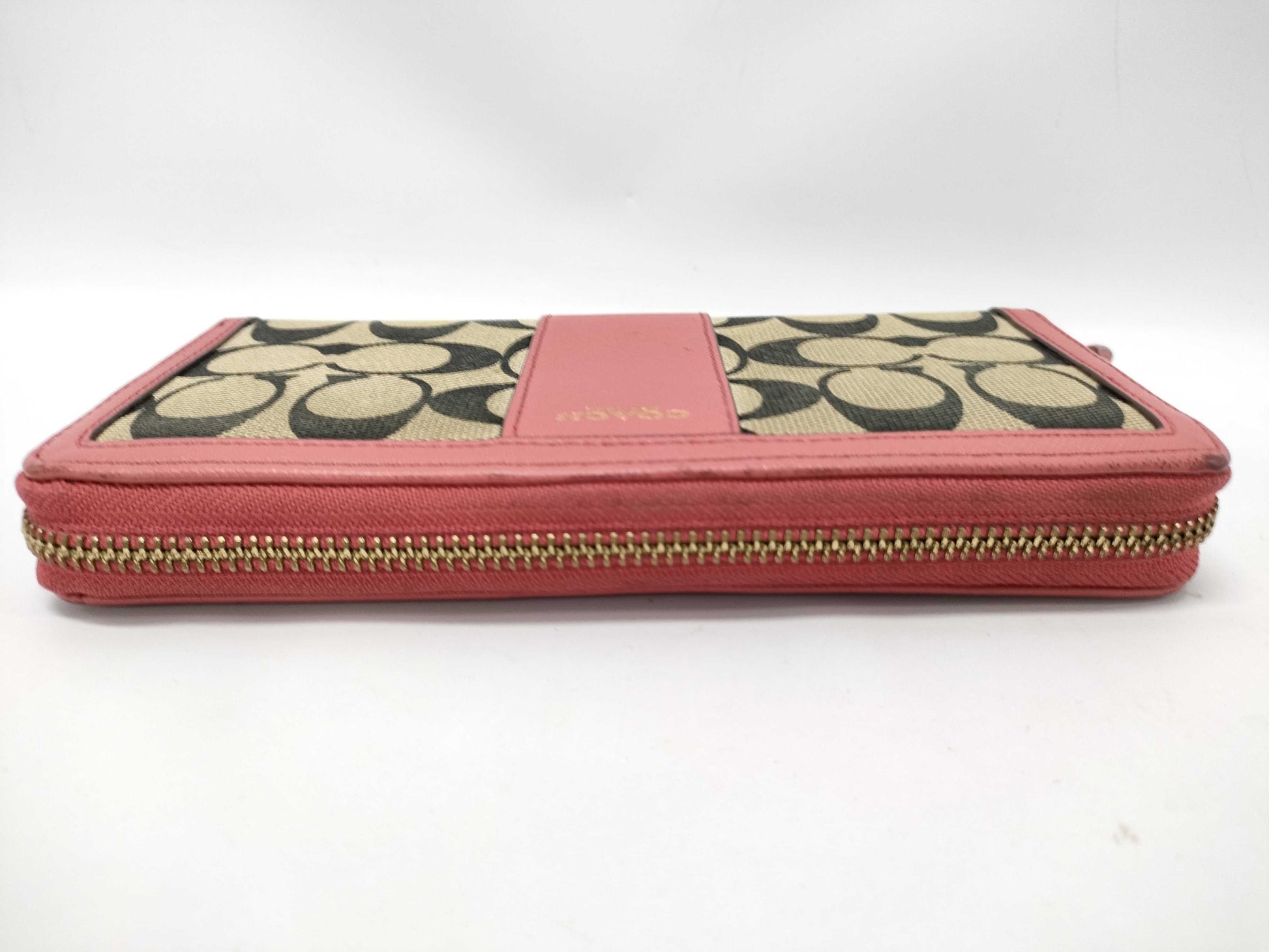 COACH Signature Zip-Around Canvas Leather Wallet in Beige and Pink