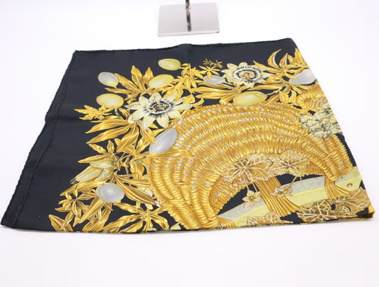 HERMES Carre Silk Carre 90 PASSIFLORES Black Gold Scarf