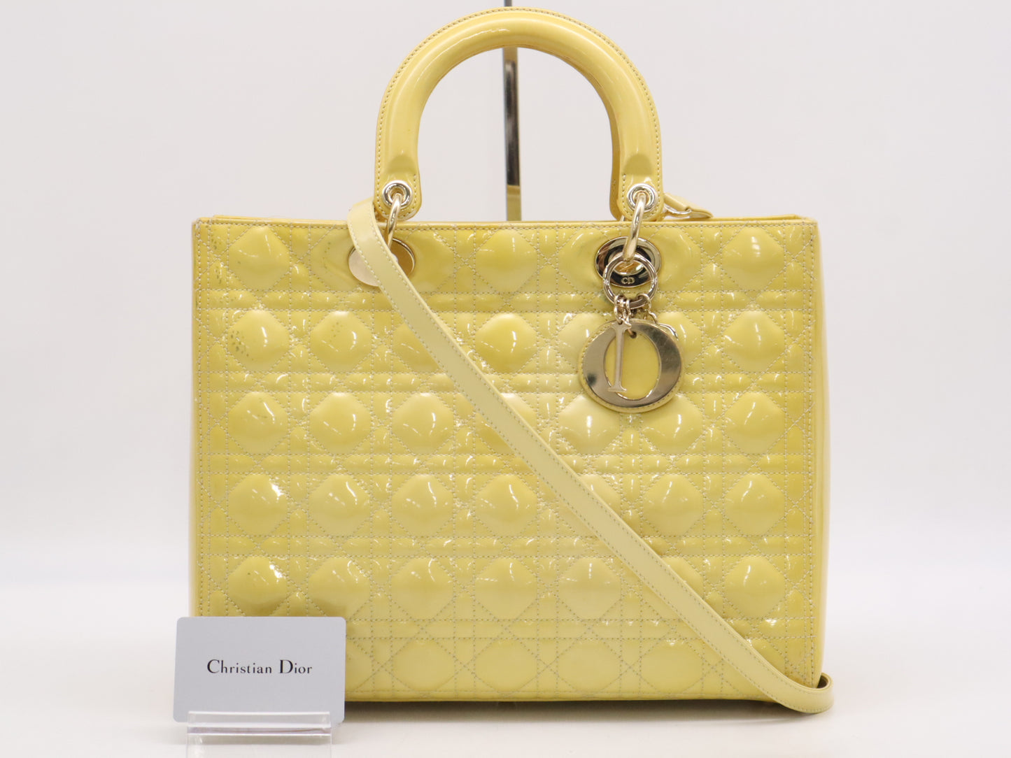 Dior Lady Dior Patent Leather Lady Dior Large Cannage Handbag in Yellow with Shoulder Strap and Card