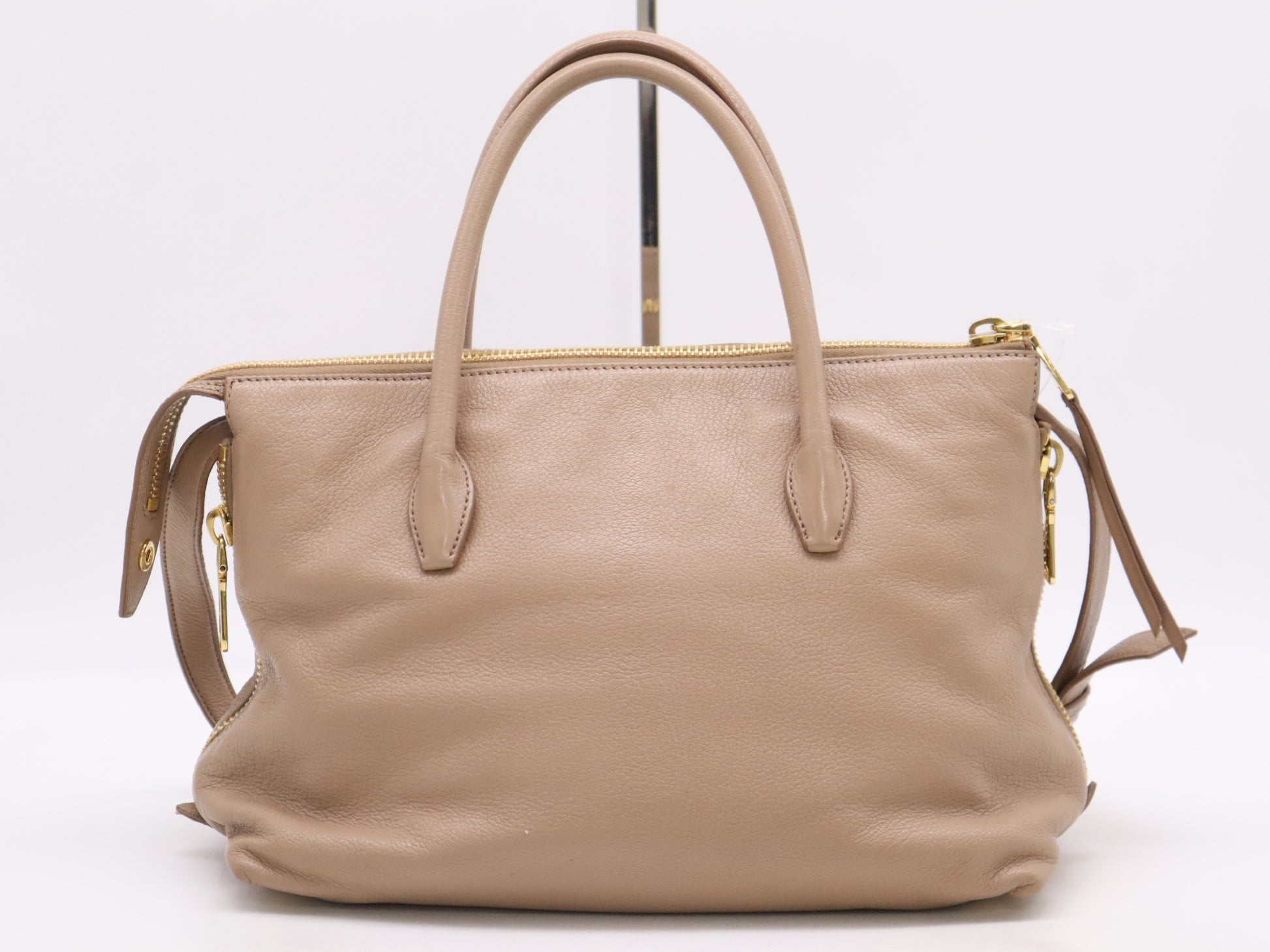 Miu Miu Leather 2-Way Tote Bag Madras Pink Beige with Shoulder Strap