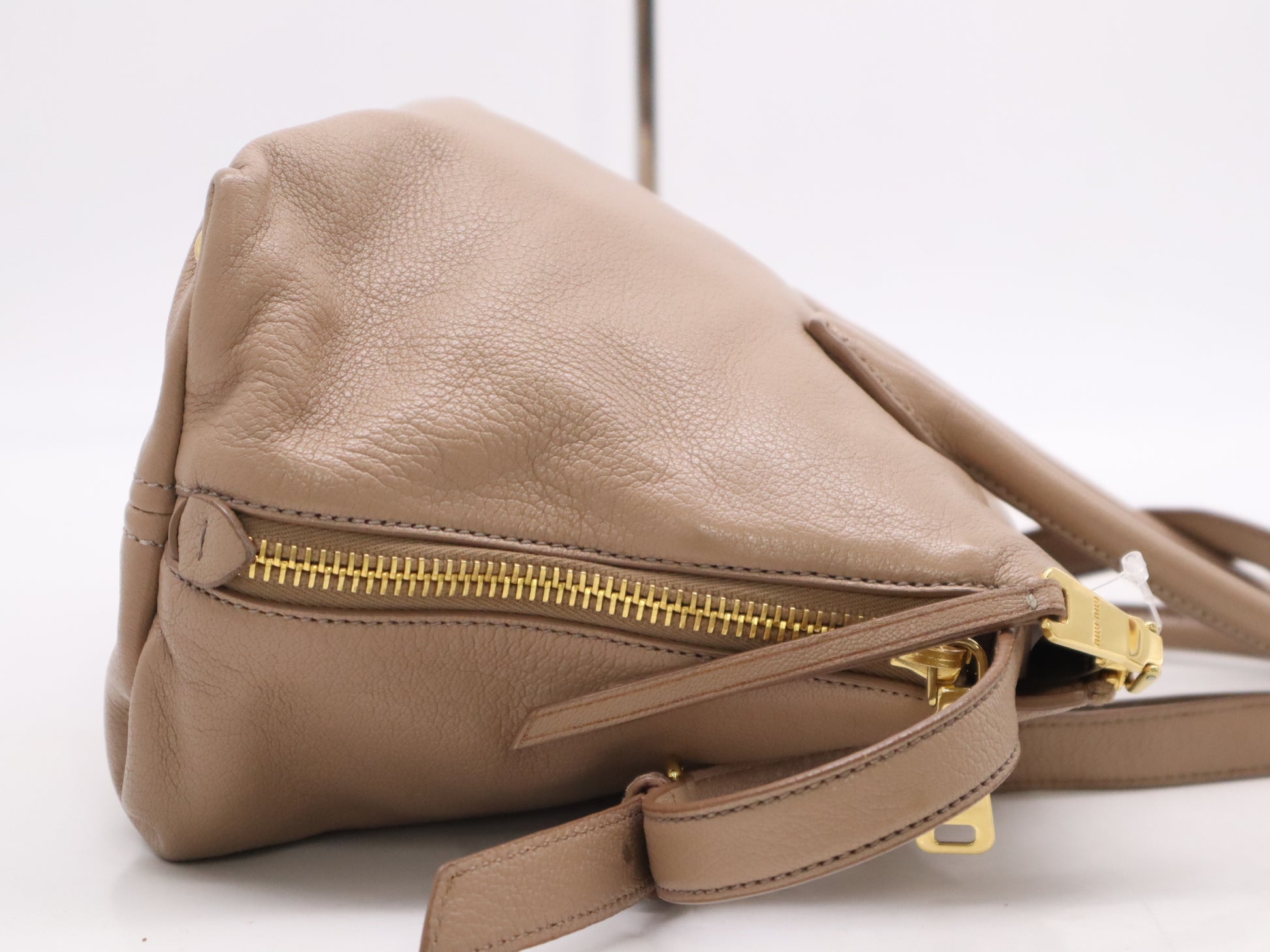 Miu Miu Leather 2-Way Tote Bag Madras Pink Beige with Shoulder Strap