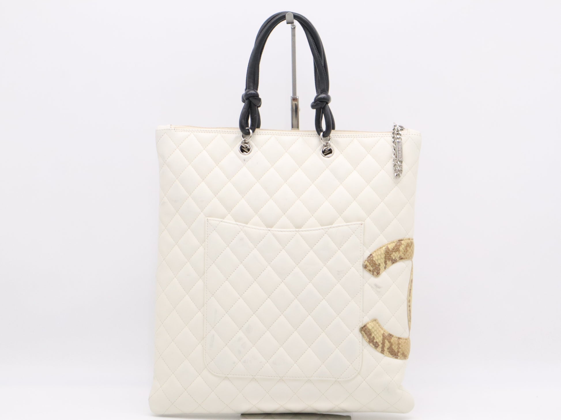 CHANEL Leather Cambon Line Coco Mark Tote Bag, Silver Hardware, White, Sticker, Card, Dust Bag Included, Shoulder Bag 9841047