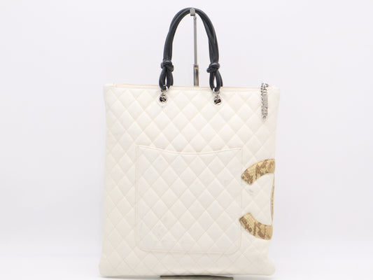 CHANEL Leather Cambon Line Coco Mark Tote Bag, Silver Hardware, White, Sticker, Card, Dust Bag Included, Shoulder Bag 9841047