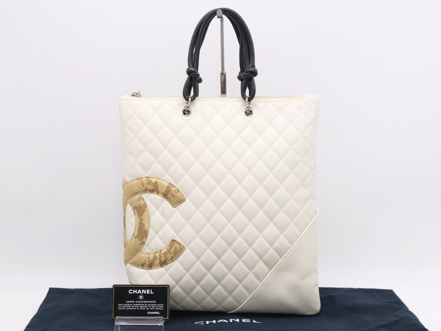 CHANEL Leather Cambon Line Coco Mark Tote Bag, Silver Hardware, White, Sticker, Card, Dust Bag Included, Shoulder Bag 9841047