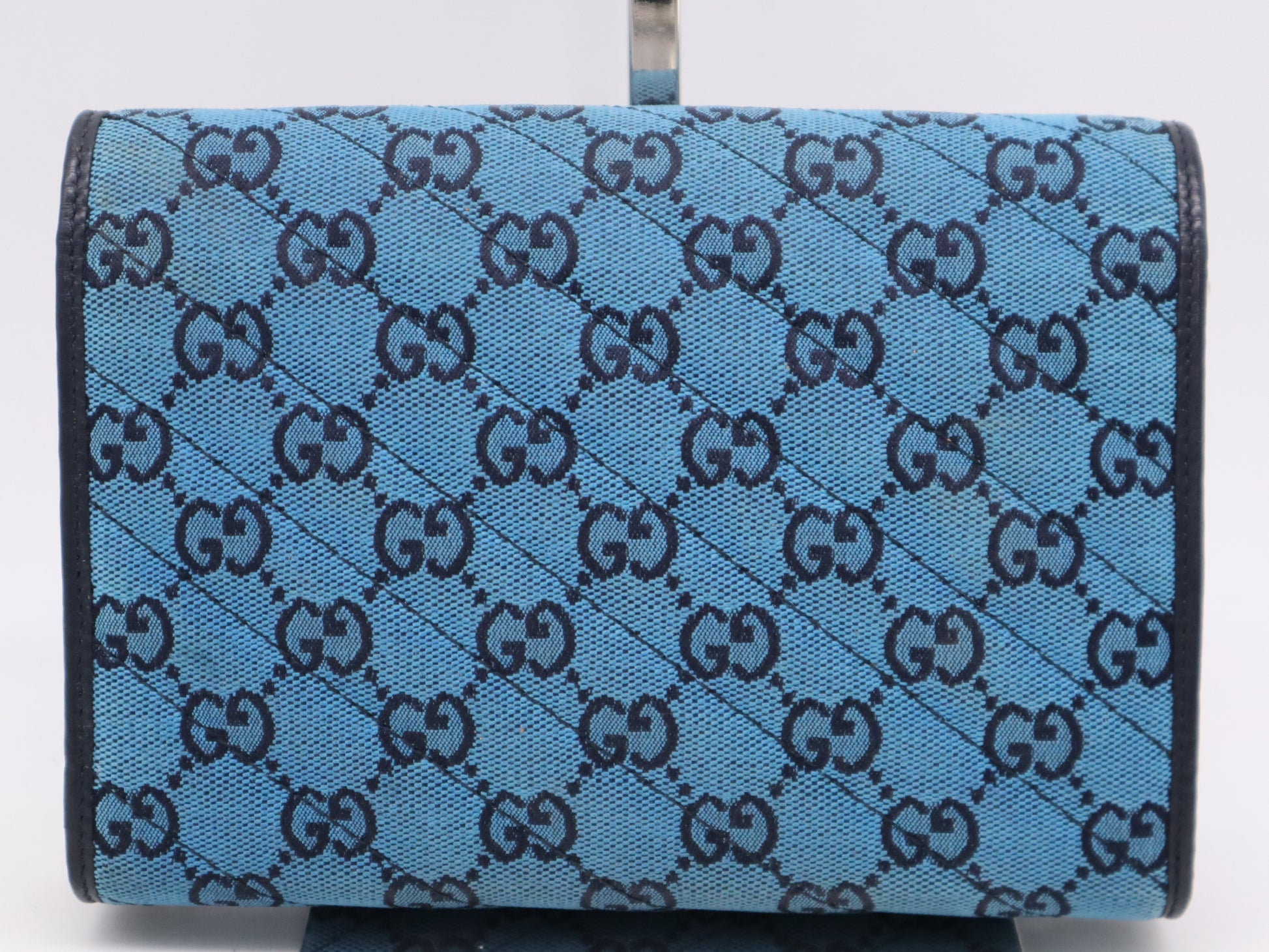 GUCCI 474575 Canvas and Leather GG Marmont Chain Wallet Blue Shoulder Bag