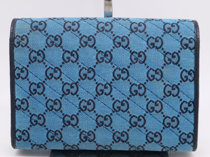 GUCCI 474575 Canvas and Leather GG Marmont Chain Wallet Blue Shoulder Bag
