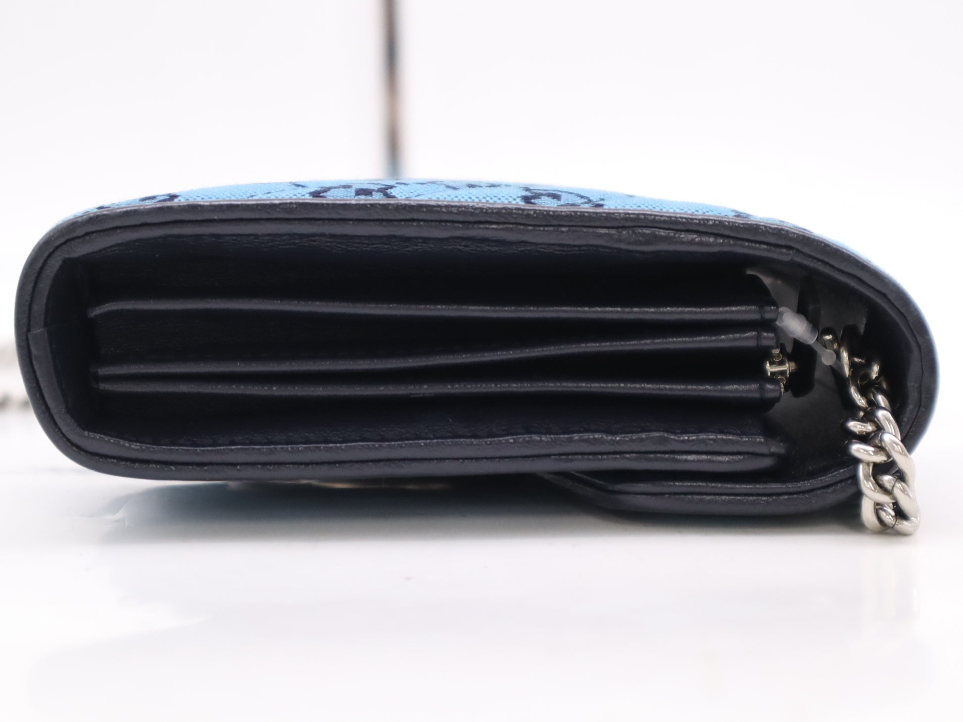 GUCCI 474575 Canvas and Leather GG Marmont Chain Wallet Blue Shoulder Bag
