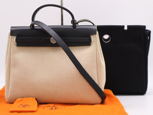 HERMES Airbag Toile Officier □G Stamp Airbag PM Black Tote Bag with Cloche, Cadena, 2 Keys, and Dust Bag