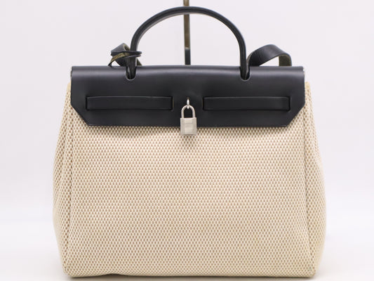 HERMES Airbag Toile Officier □G Stamp Airbag PM Black Tote Bag with Cloche, Cadena, 2 Keys, and Dust Bag