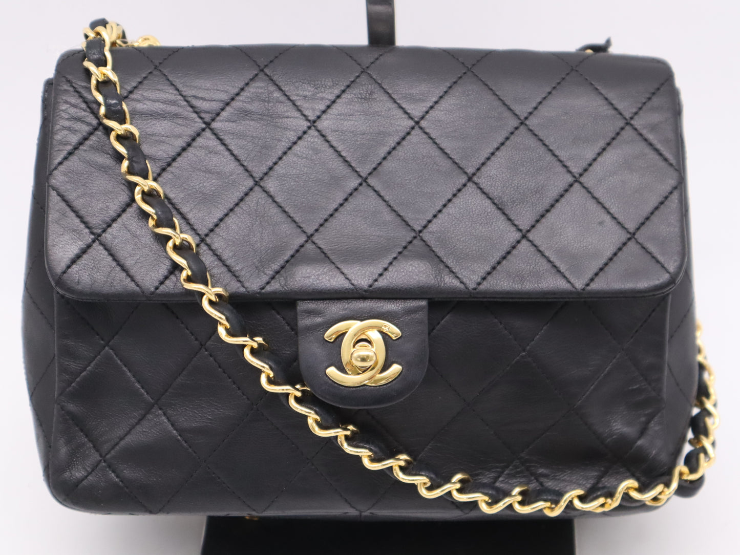 CHANEL Lambskin Matelasse 19 S Flap S Chain Turn Lock Gold Hardware Black Shoulder Bag