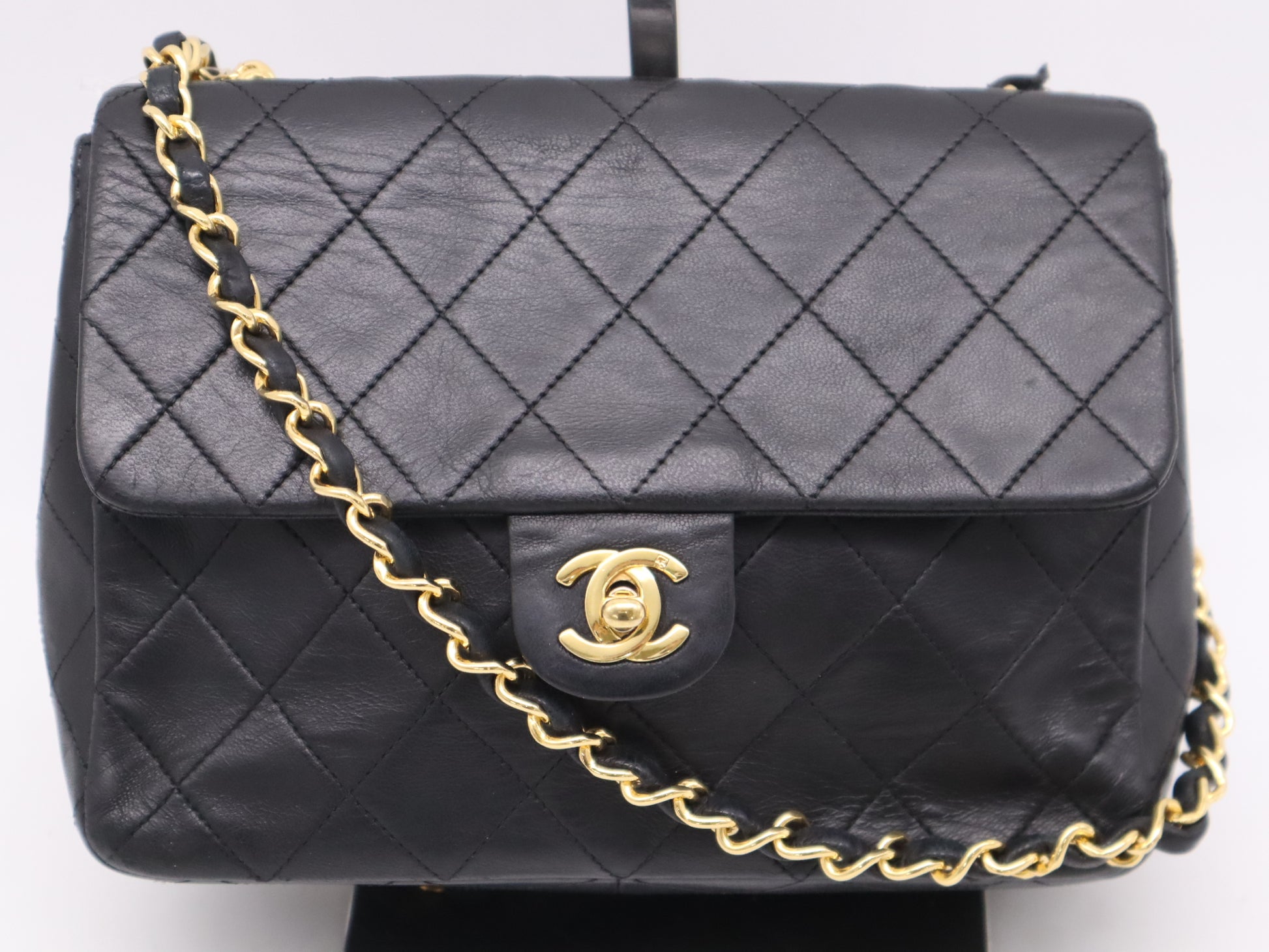 CHANEL Lambskin Matelasse 19 S Flap S Chain Turn Lock Gold Hardware Black Shoulder Bag